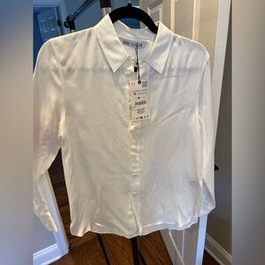 ZARA Cream Satin Button-Up Blouse Sz M